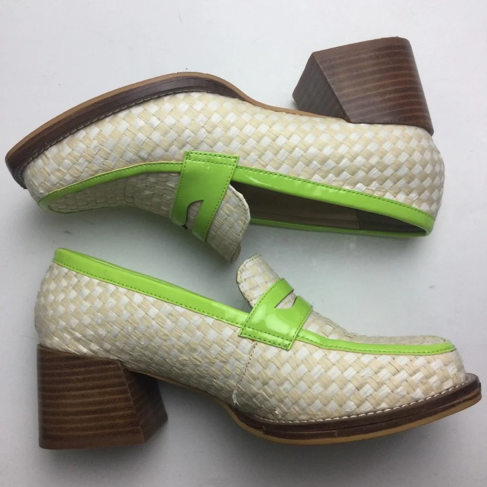 Urban Outfitters Lexi Woven Checkerboard Faux Patent Square Toe Heeled Loafers - Picture 5 of 12